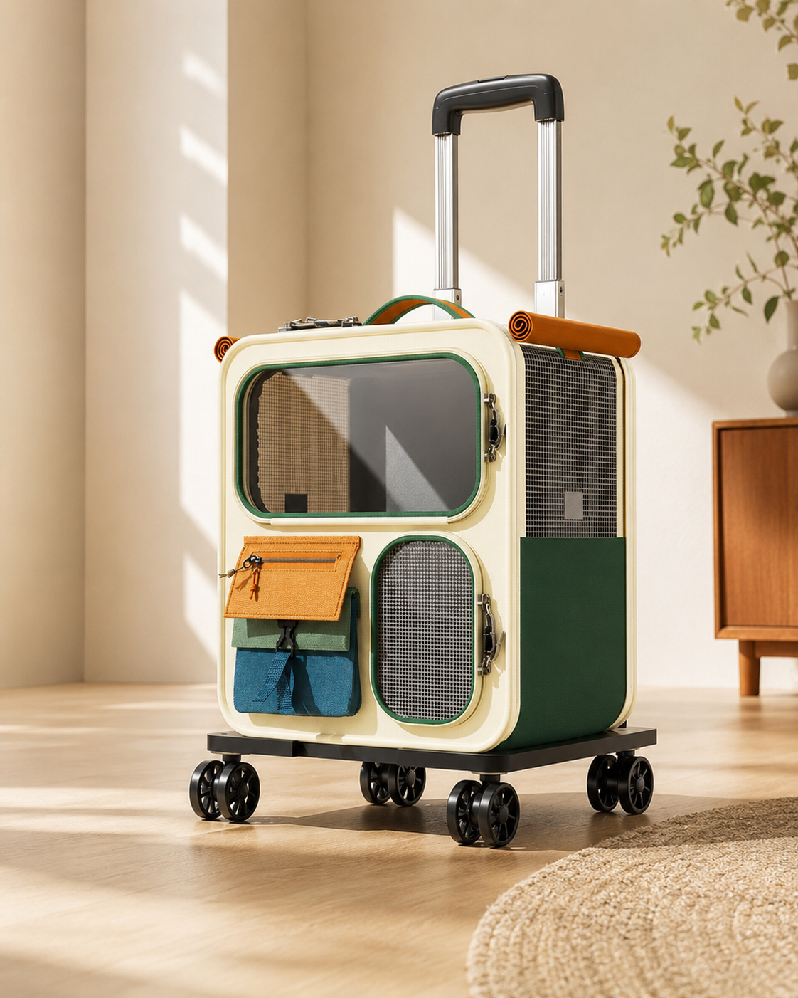 Nomad Duo kattenrugzak en trolley in warm modern interieur