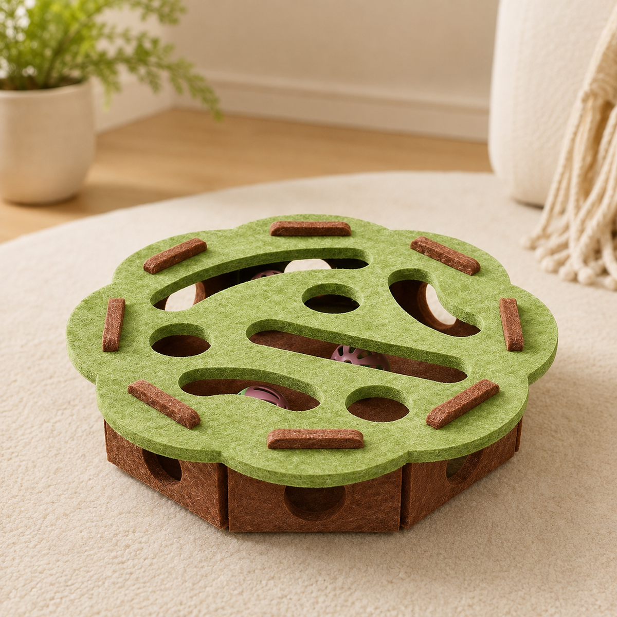 Bellora Felt round flower-shaped cat toy with three play elements and bells