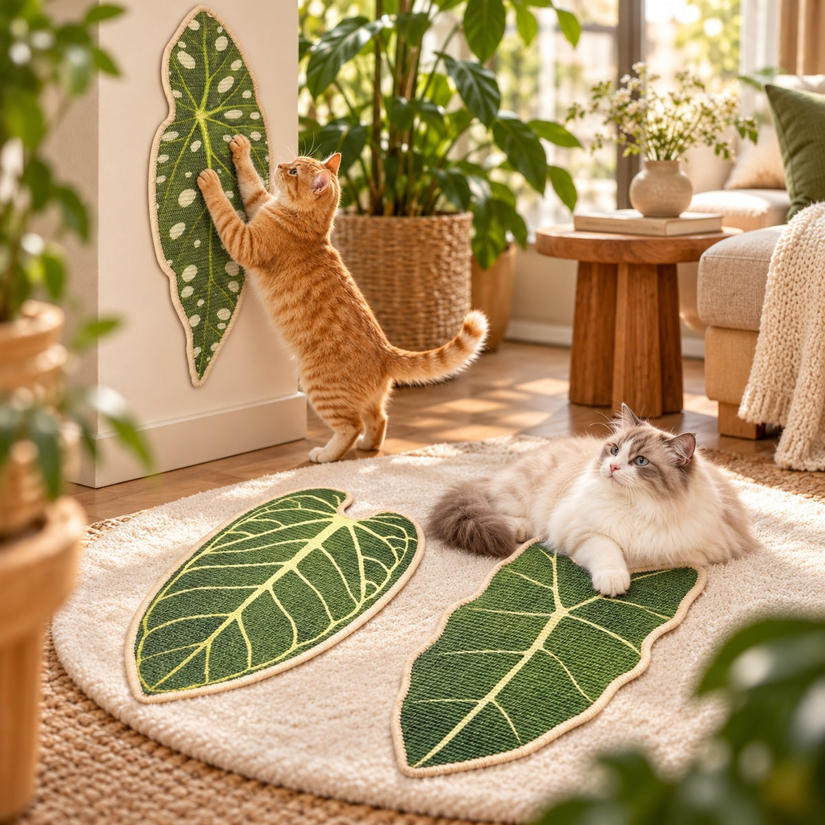 Flora ScratchLeaf met katten in interieur
