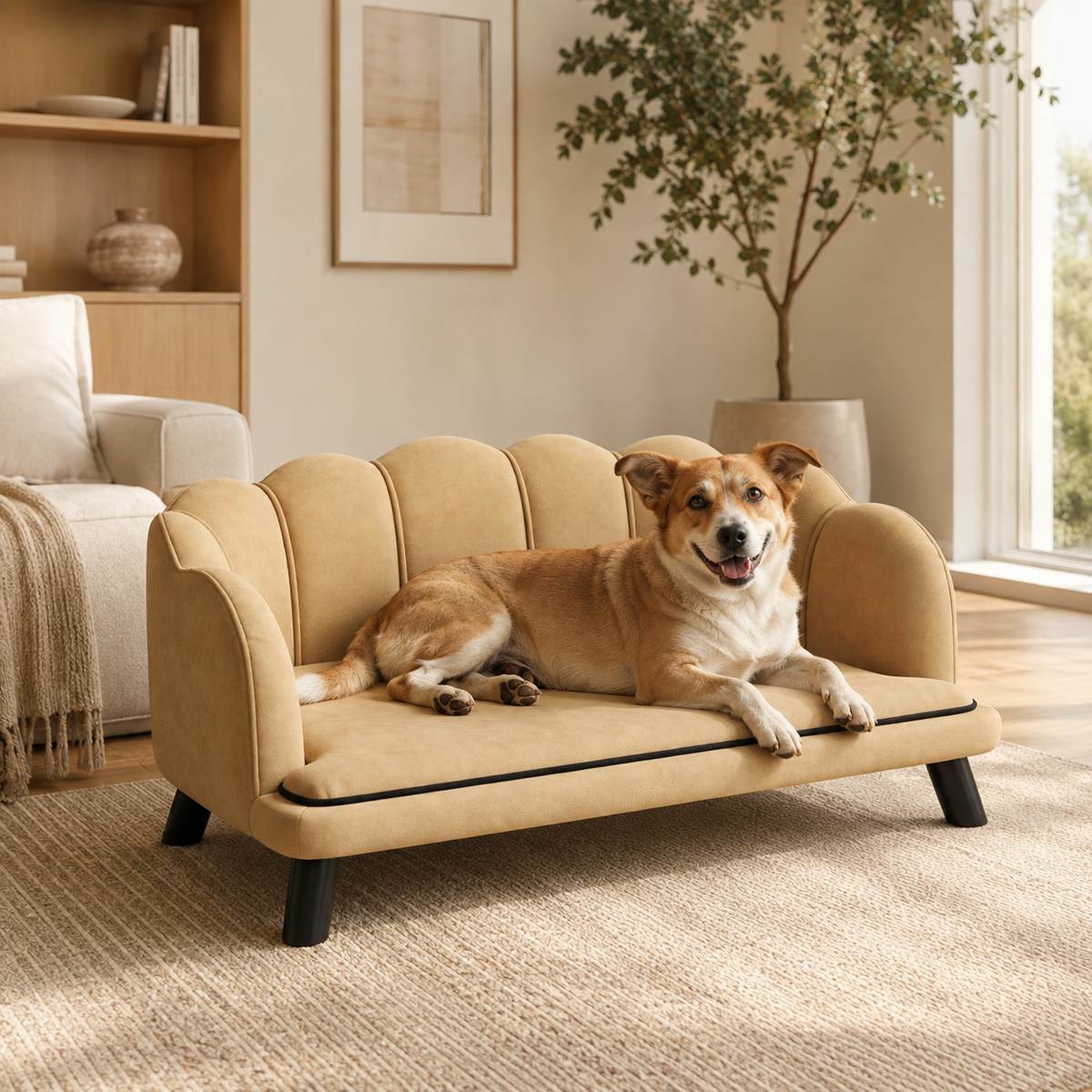 Dog relaxing on the Haven Sofa premium elevated dog bed