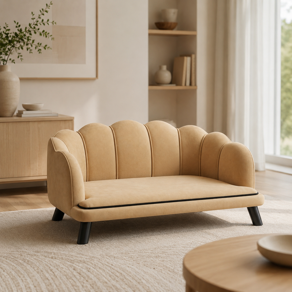 Haven Sofa premium dog bed in a warm modern living room