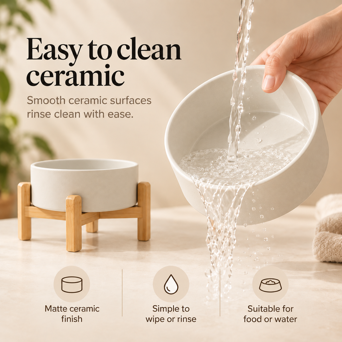 Kera matte ceramic pet bowl easy to wipe or rinse clean
