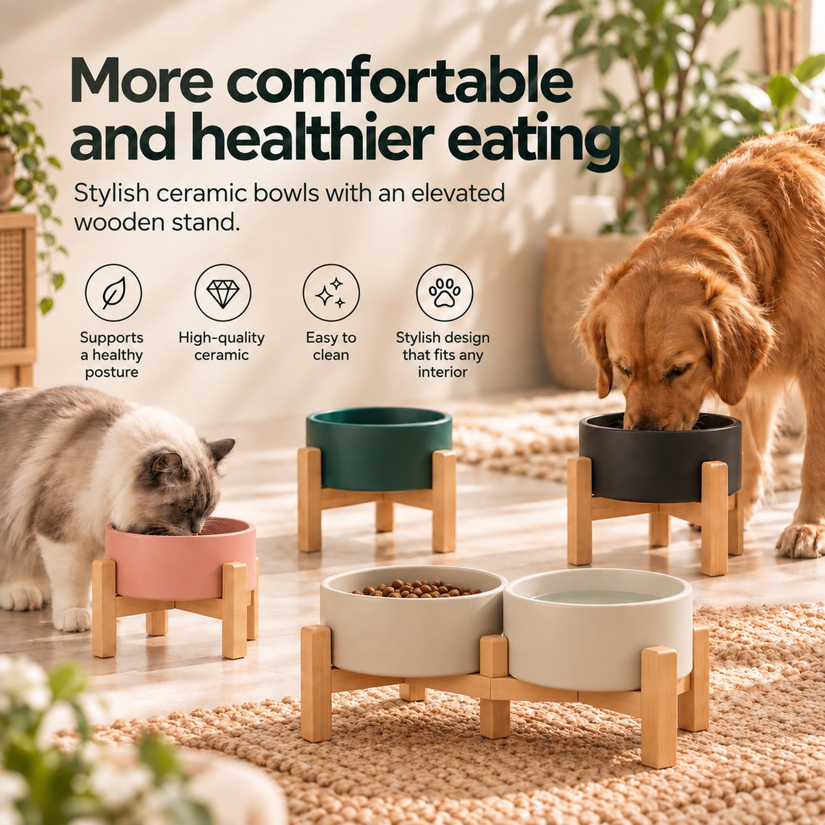 Kera Ceramic Bowl for dogs and cats with elevated wooden stands