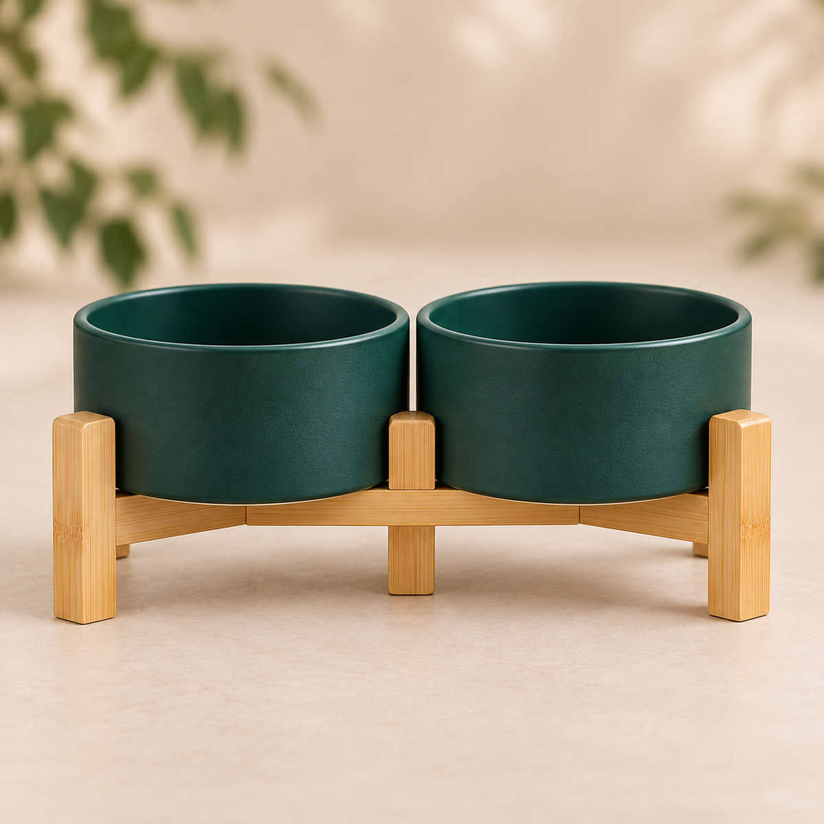 Dubbele groene Kera keramische voerbakken met houten standaard