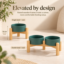 Kera elevated ceramic pet bowls with 16 cm wooden stands