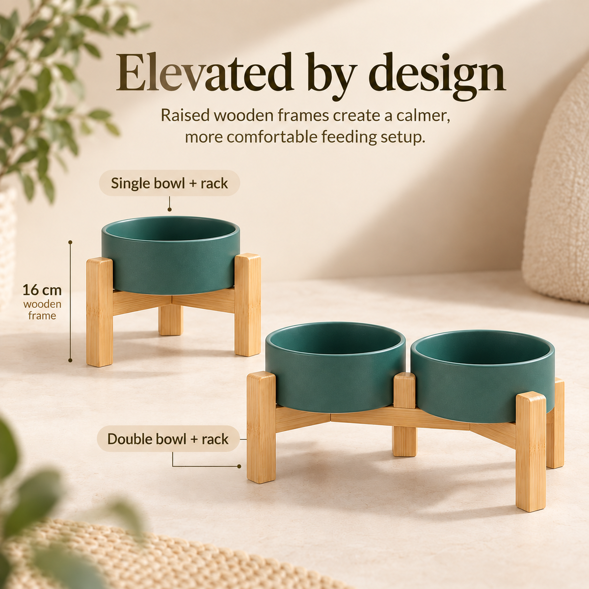 Kera elevated ceramic pet bowls with 16 cm wooden stands