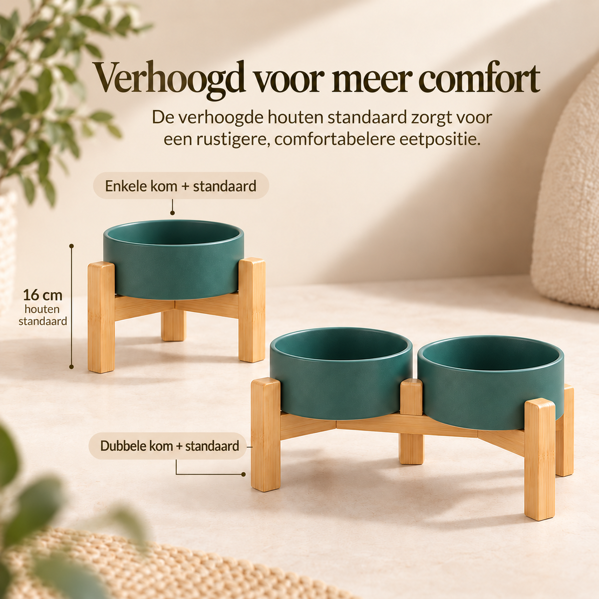 Kera verhoogde voerbak met houten standaard van 16 cm hoog