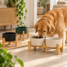 Kera keramische voerbakken met houten standaard in warm interieur