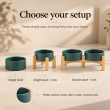 Kera single ceramic bowl and elevated wooden stand configurations