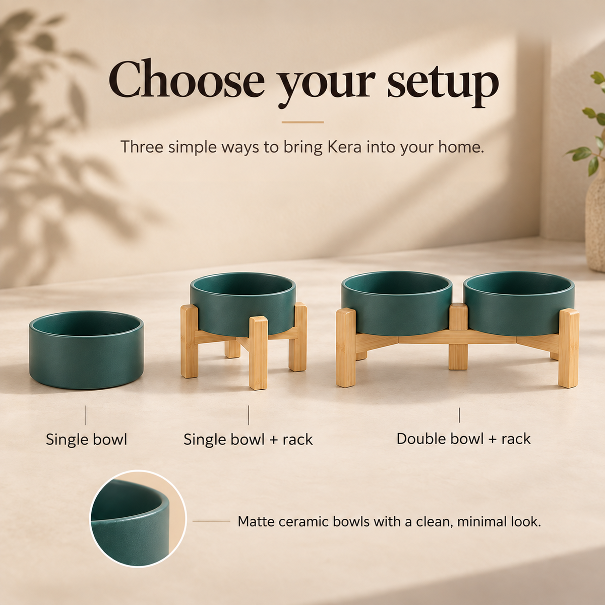 Kera single ceramic bowl and elevated wooden stand configurations