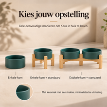Kera enkele kom en dubbele voerbak met houten standaard