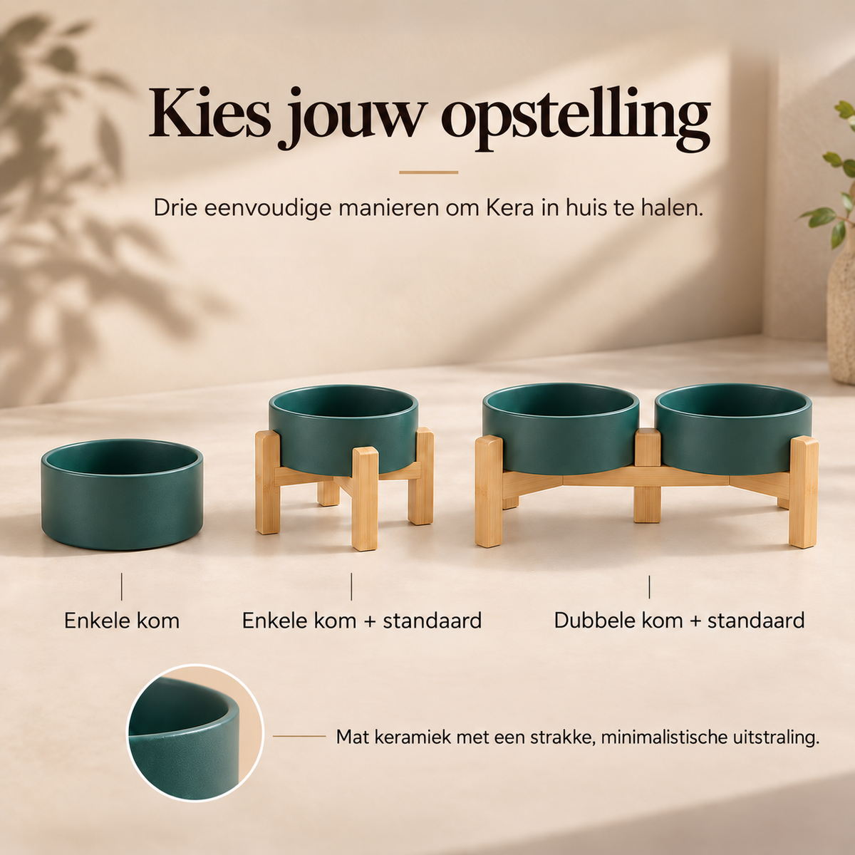Kera enkele kom en dubbele voerbak met houten standaard