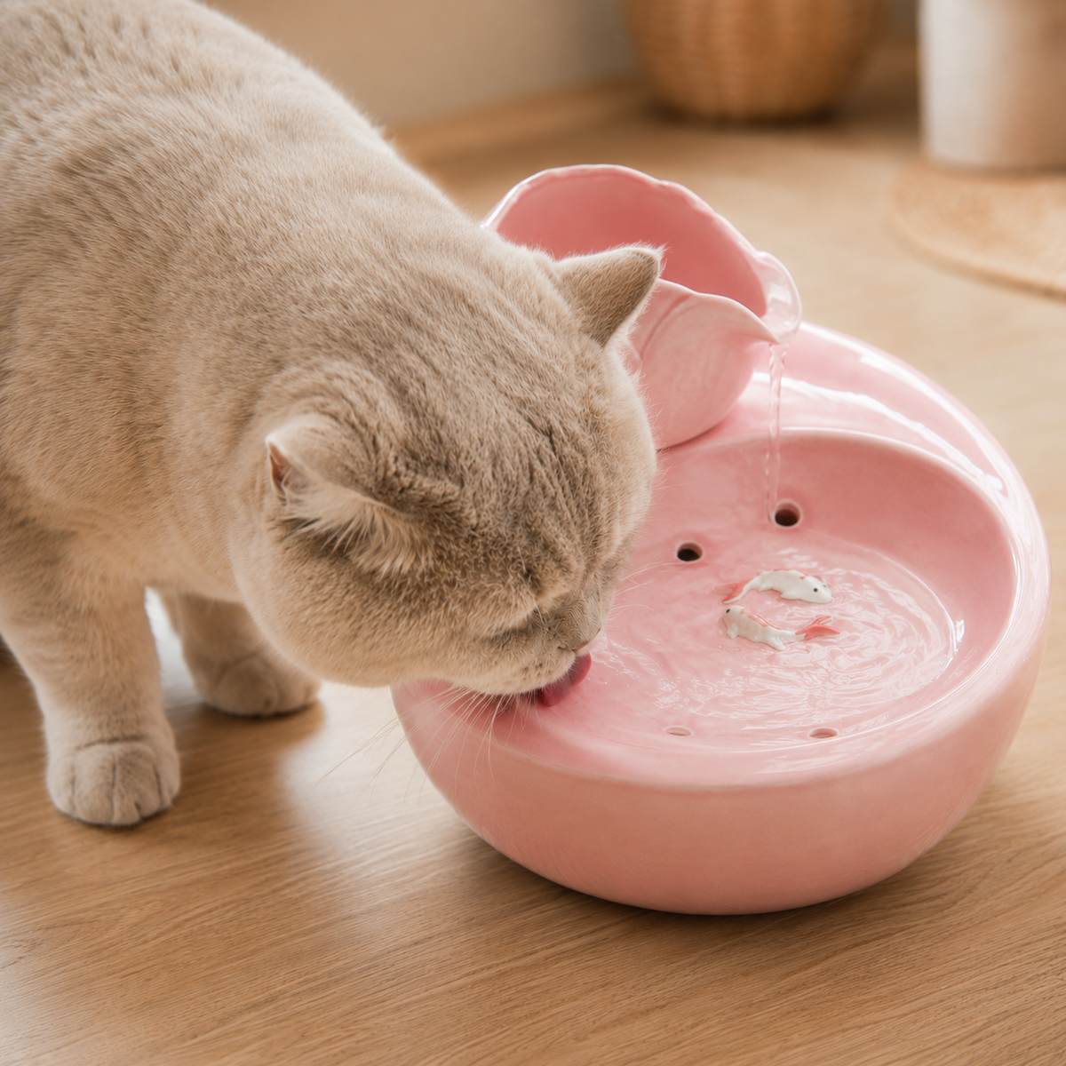 Luma Flow roze keramische kattenfontein met kat die uit de lage drinkschaal drinkt
