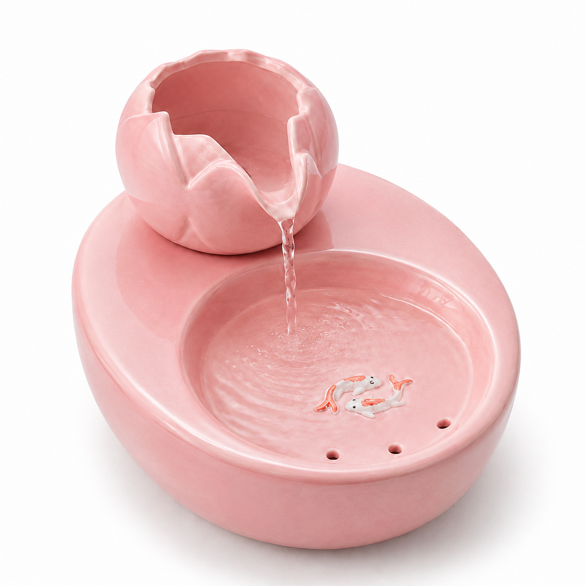 Luma Flow roze keramische kattenfontein op witte achtergrond