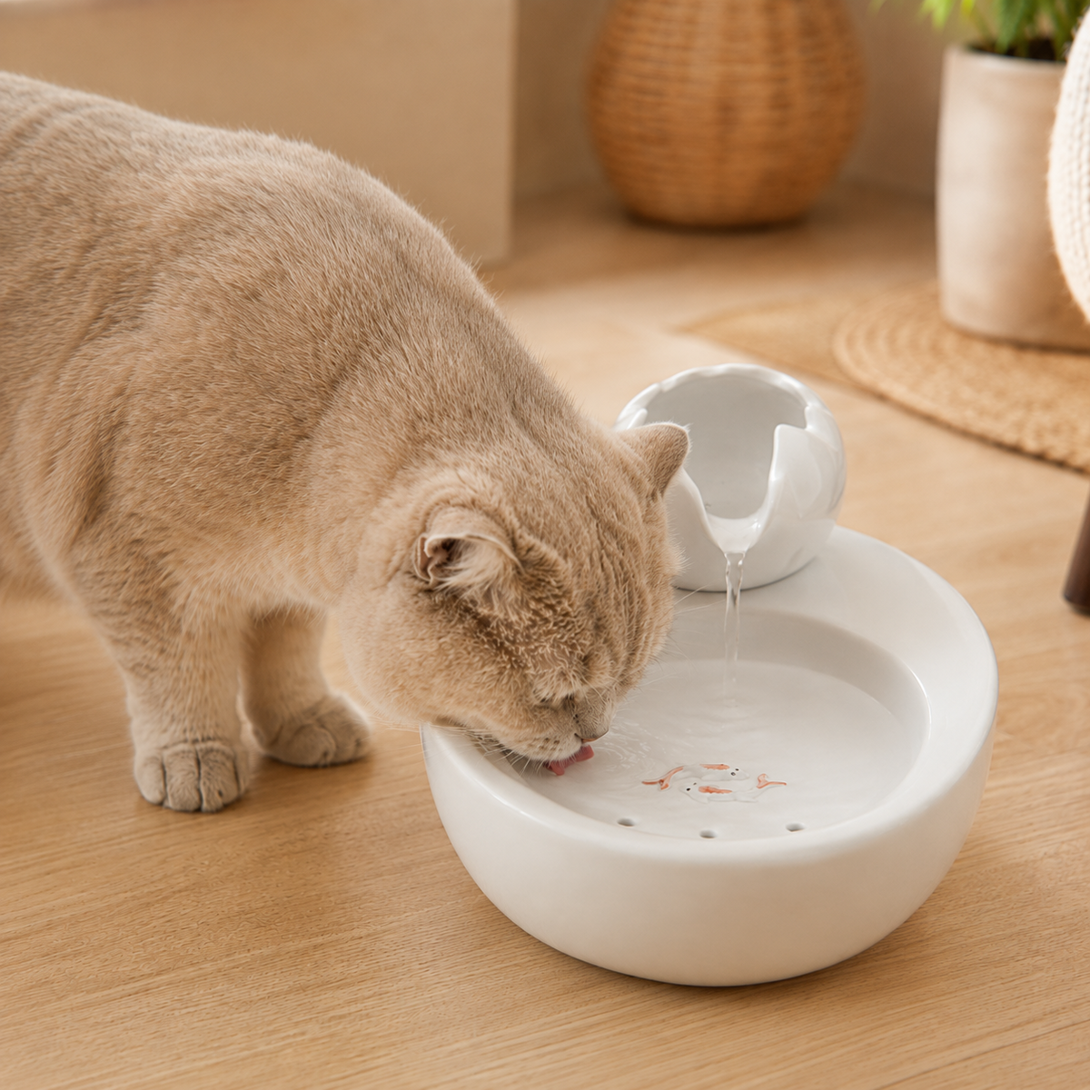 Luma Flow White Lotus keramische kattenfontein met kat die uit de lage drinkschaal drinkt