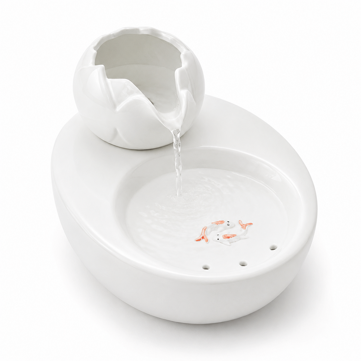 Luma Flow White Lotus keramische kattenfontein op witte achtergrond