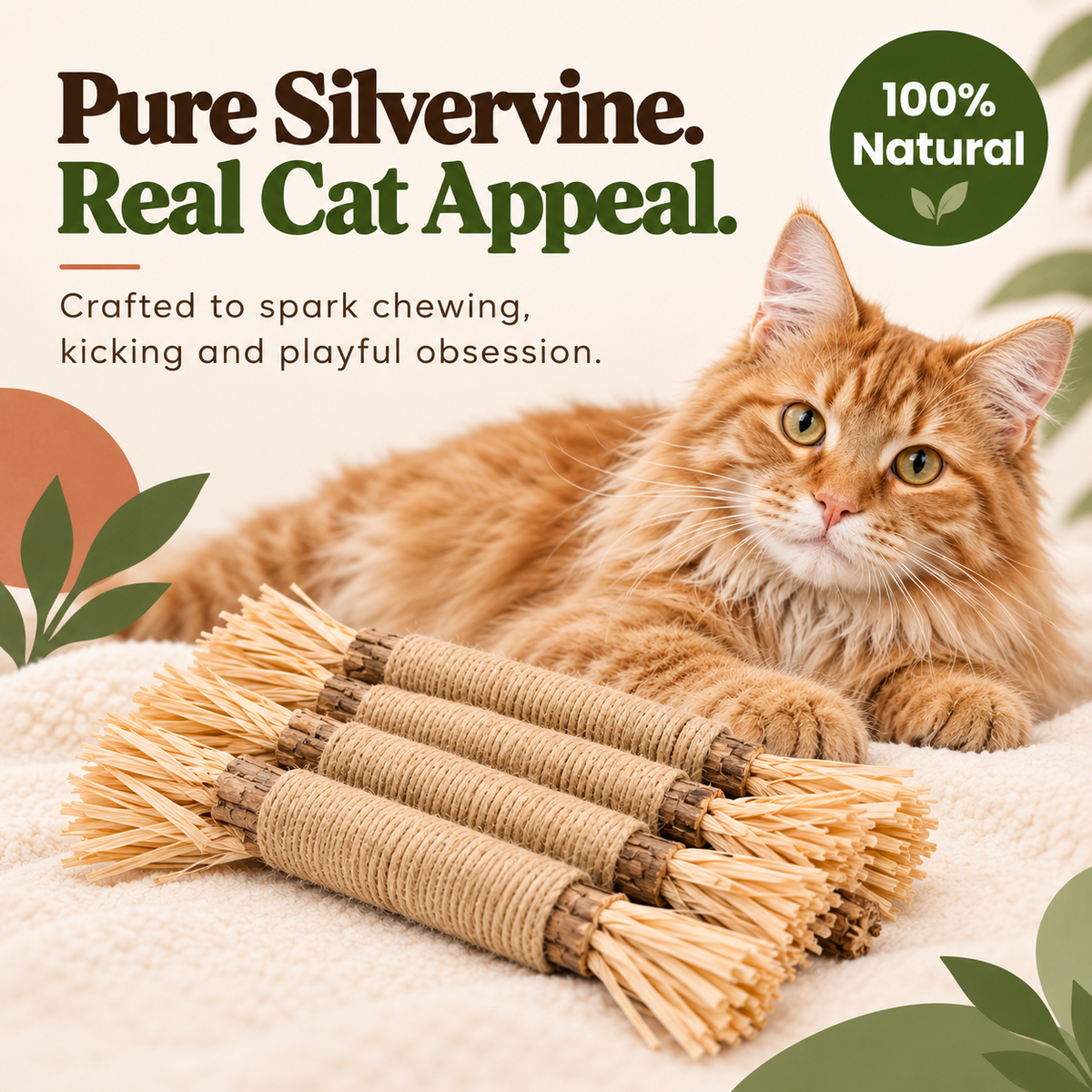 Natural Mika silvervine cat sticks designed for chewing kicking and play