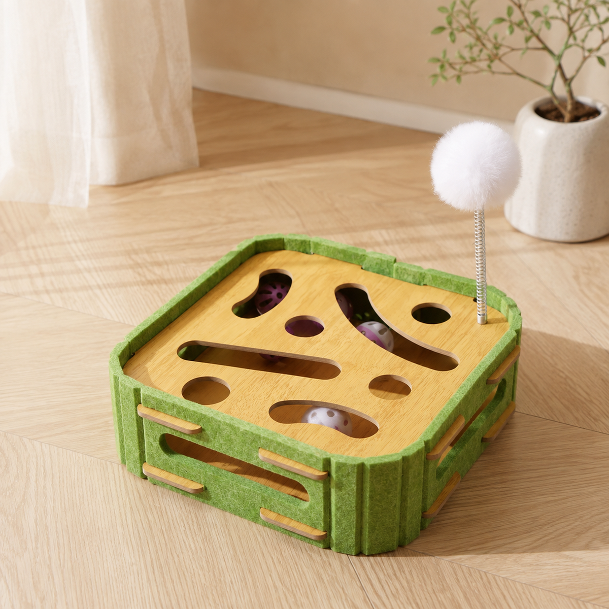 Mori Puzzle Play cat enrichment toy styled in a warm neutral home