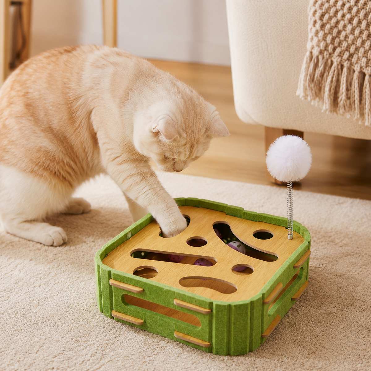 Cat playing with the Mori Puzzle Play interactive activity box