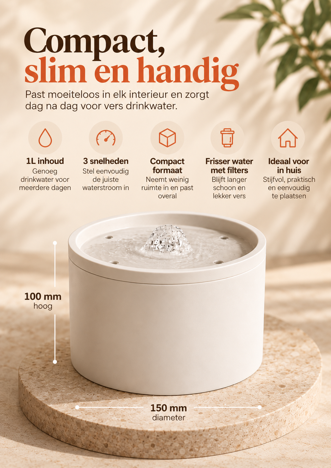 Nami FlowBowl compact formaat, 1L inhoud, 3 snelheden en afmetingen