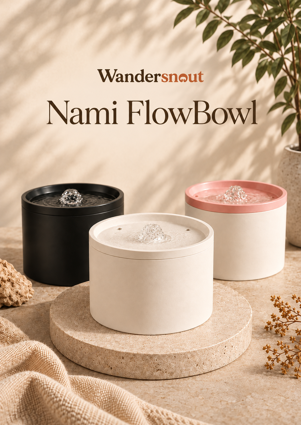 Nami FlowBowl ceramic pet fountain in Onyx, Pure and Raspberry