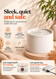 Nami FlowBowl automatic shut-off, quiet operation, easy cleaning and low 5V power use