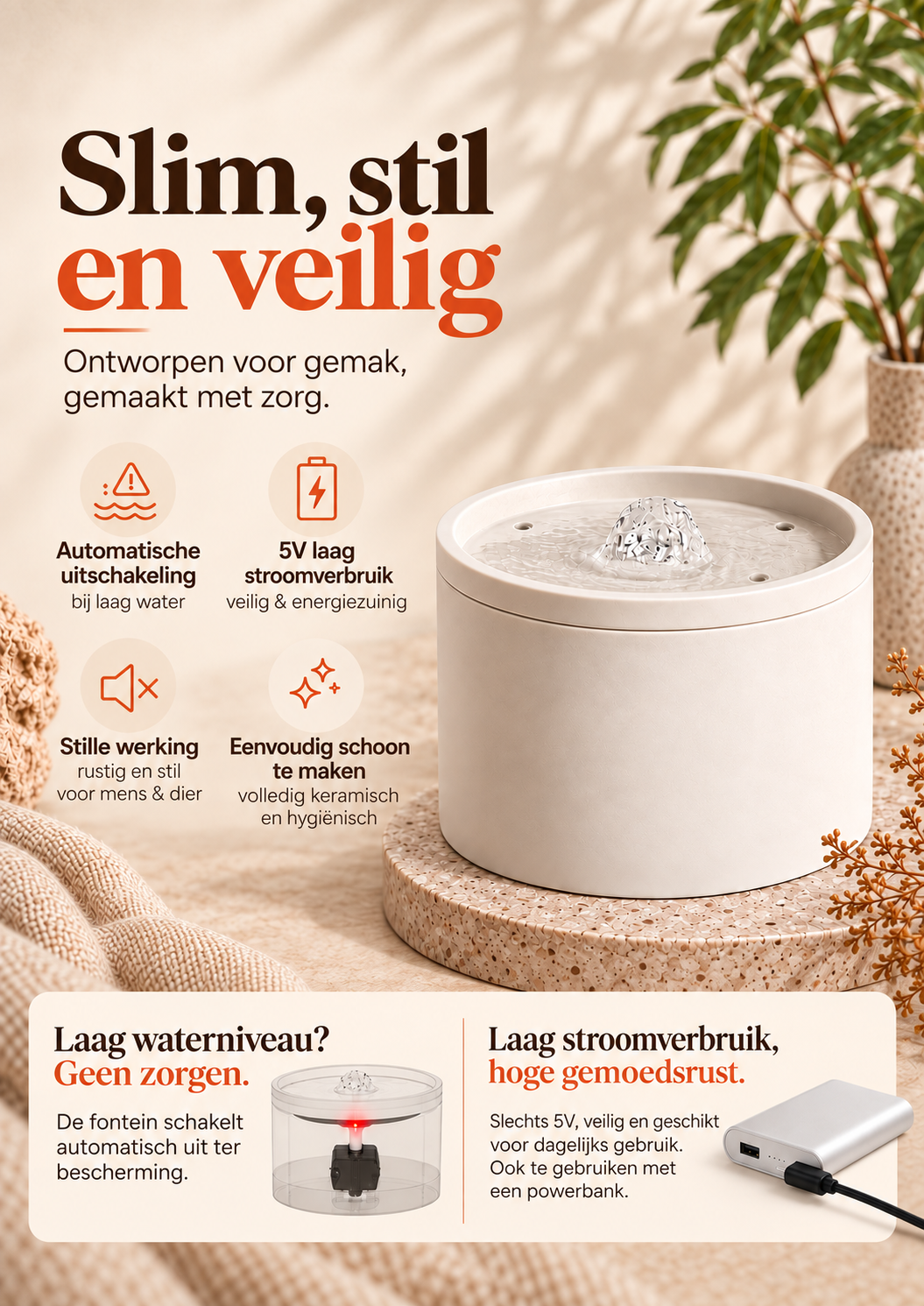 Nami FlowBowl automatische uitschakeling, stille werking en laag 5V stroomverbruik