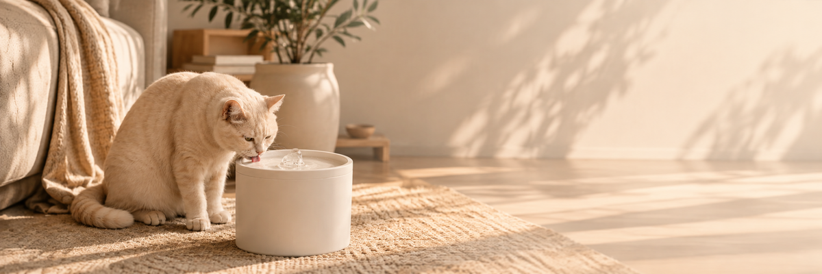 Cream cat drinking from the Nami FlowBowl in a warm interior