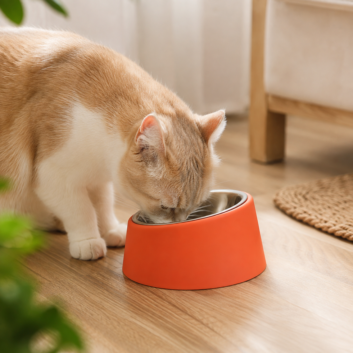 Kat eet uit de oranje Nola Lift Bowl in een warm interieur