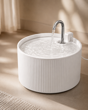 White Sora Flow 2.2 ceramic cat fountain with metal water outlet