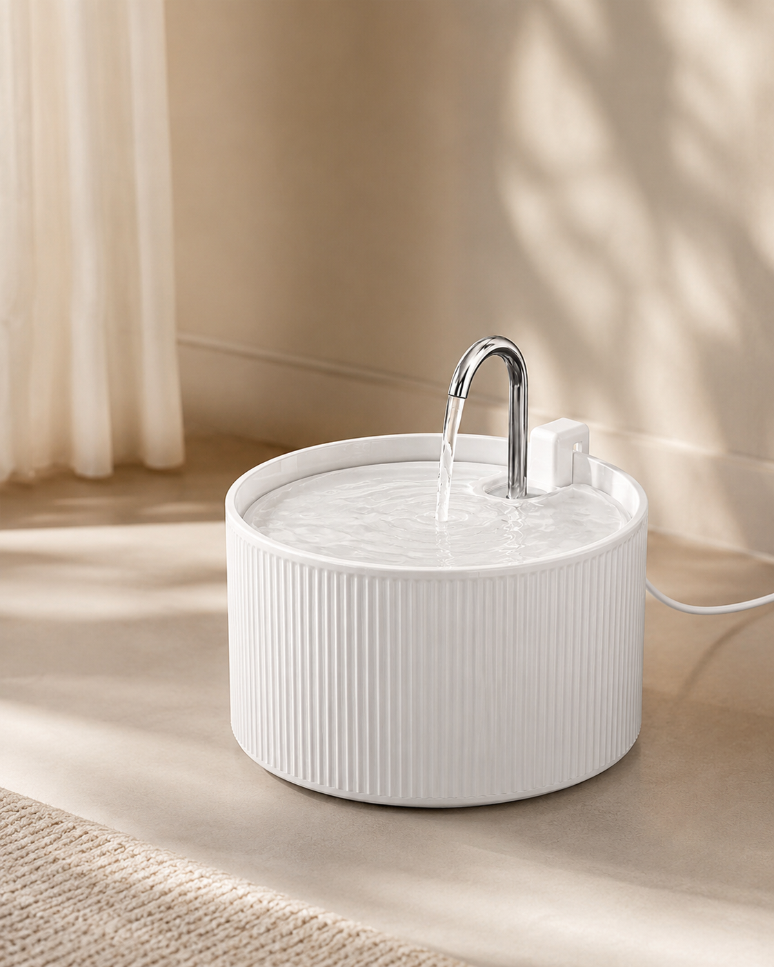 Sora Flow 2.2 ceramic cat water fountain in a warm minimalist interior