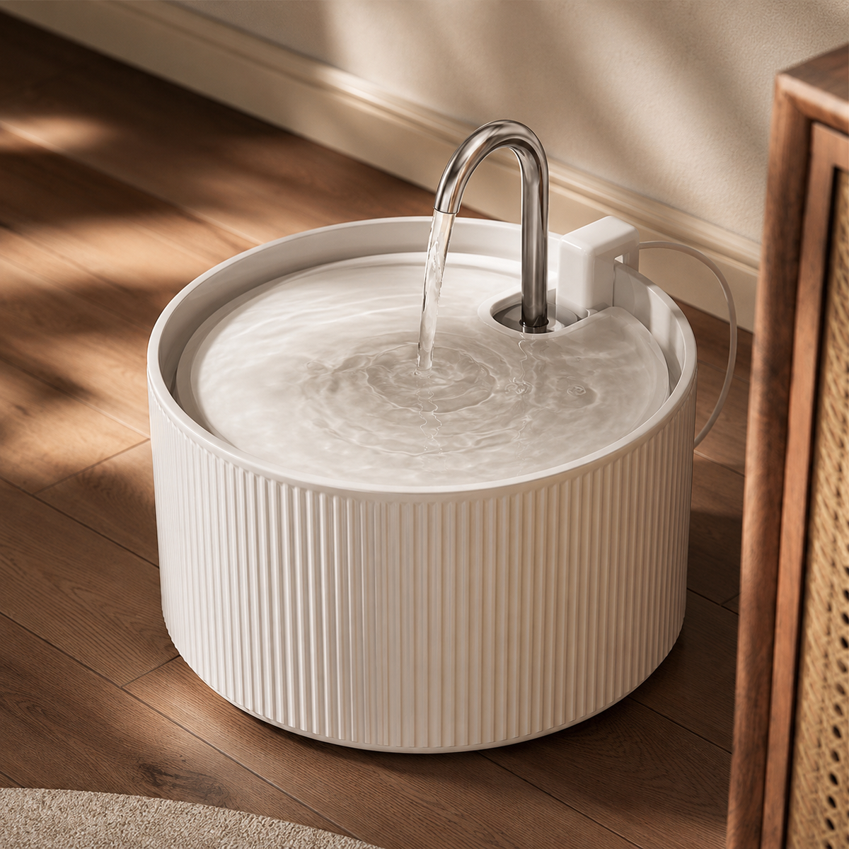 Sora Flow 2.2 ceramic cat water fountain in a warm Wandersnout-style interior