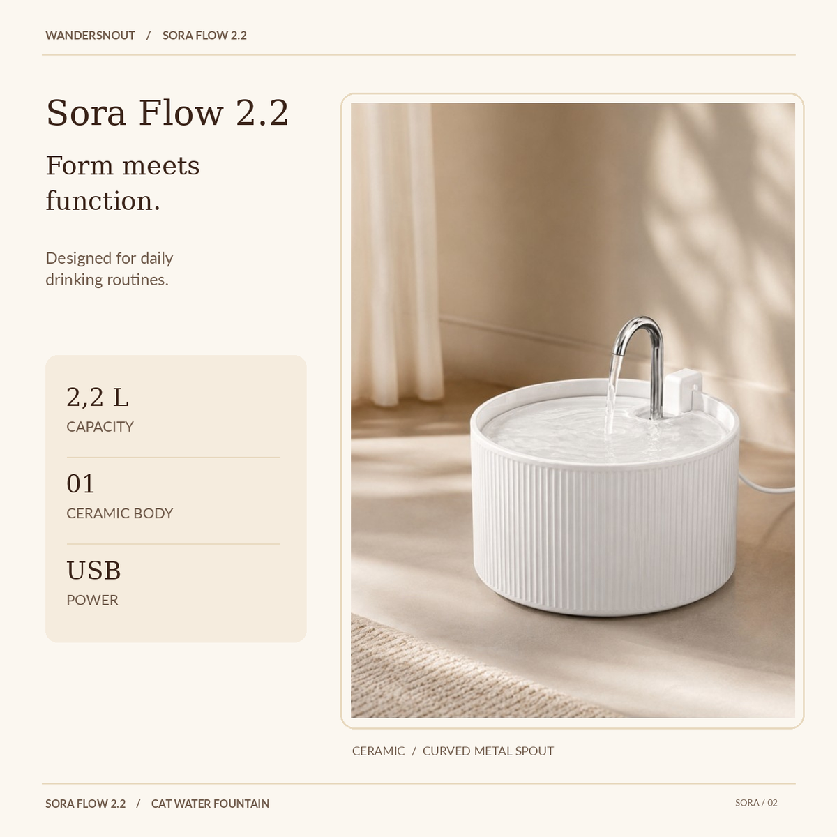 Sora Flow 2.2 – keramische drinkfontein met 2,2 liter inhoud en USB-aansluiting in Wandersnout studio