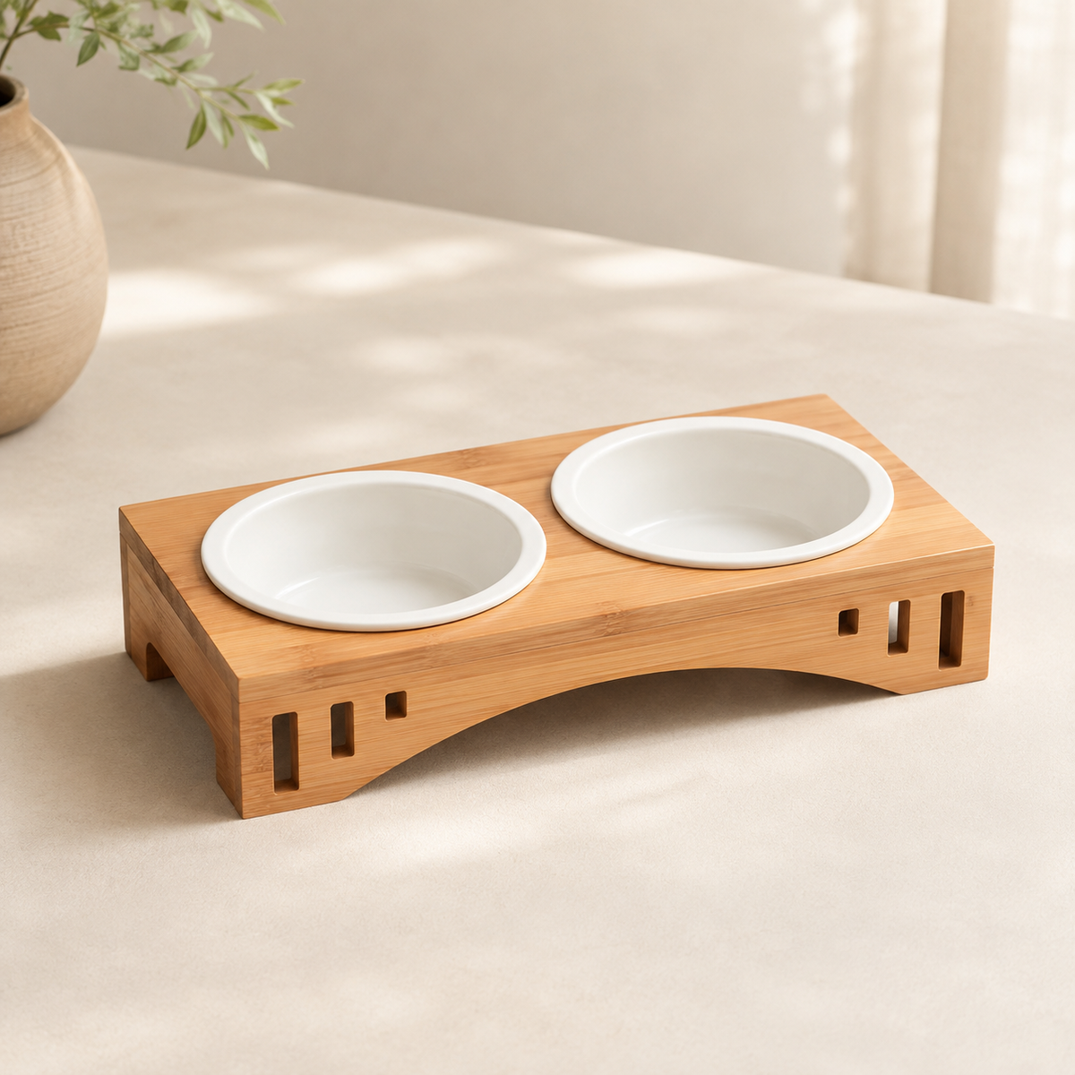 Arco Dining Stand elevated bamboo feeding station with two white bowls
