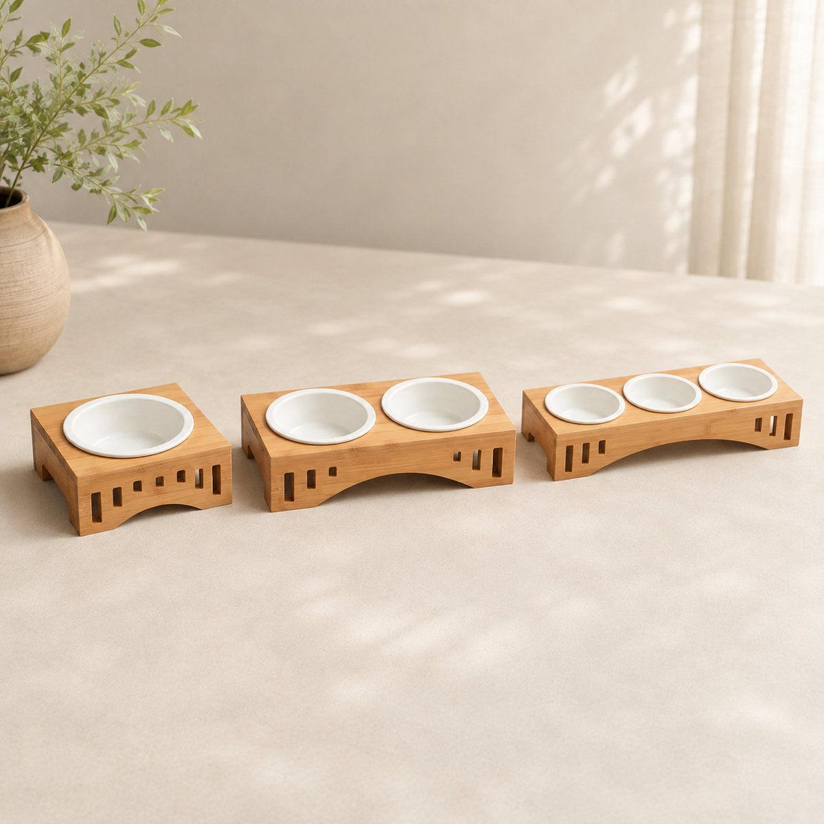 Arco Dining Stand bamboo feeding station with one, two and three bowls
