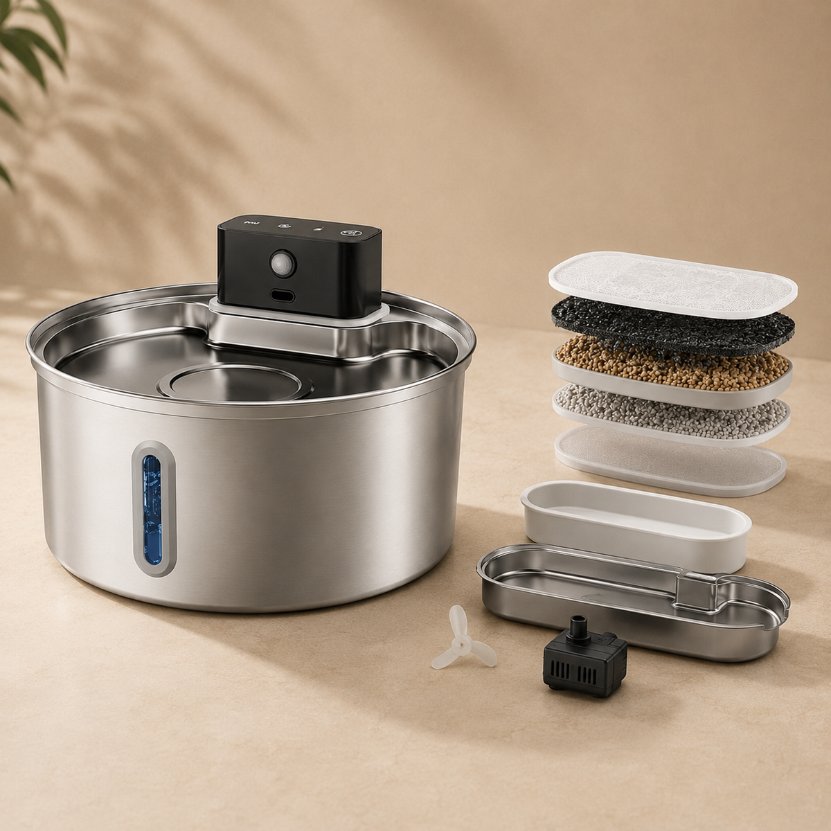 Wandersnout AuraFlow Sensor Pro pet fountain with removable filter and internal components
