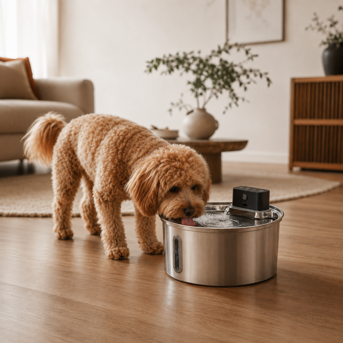 Dog drinking from the Wandersnout AuraFlow Sensor Pro pet fountain