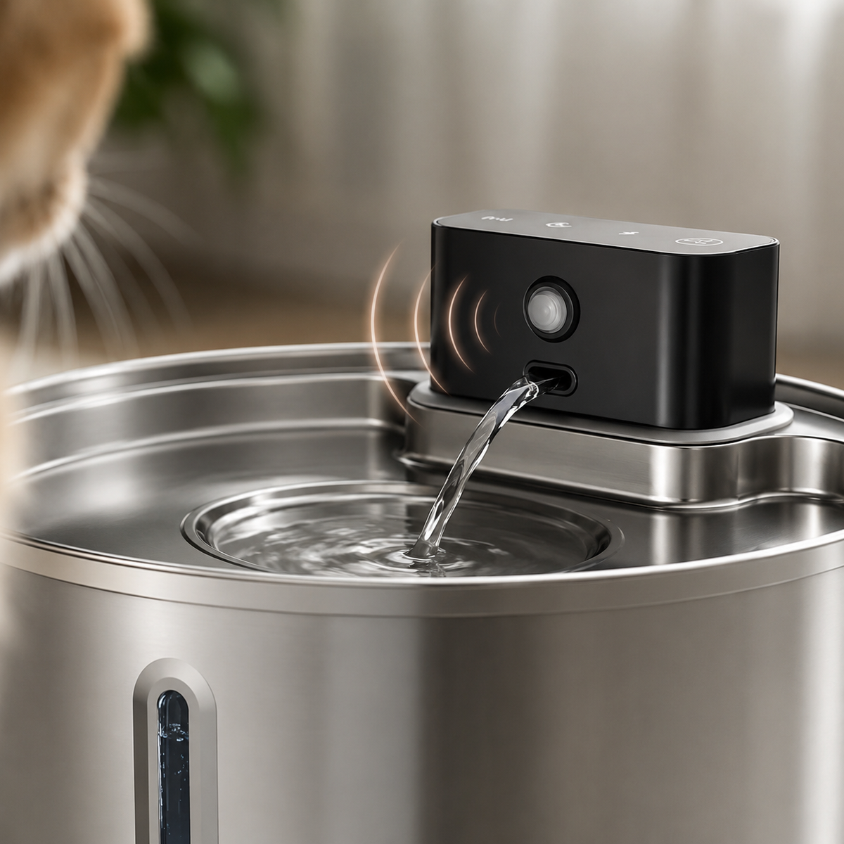 Water stream detail of the Wandersnout AuraFlow Sensor Pro stainless steel pet fountain