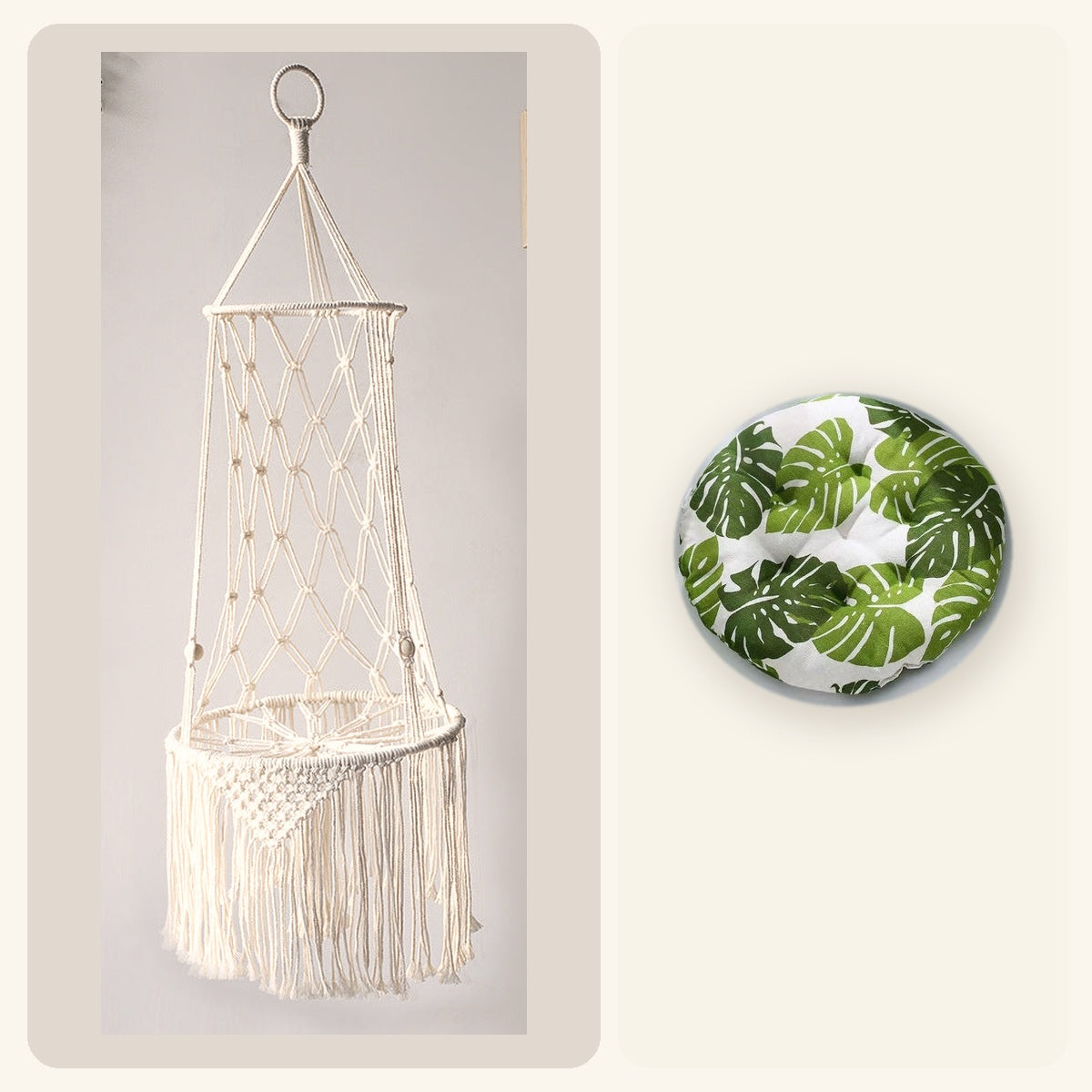 Elara Macramé Bed complete set met hangframe en groen bladkussen