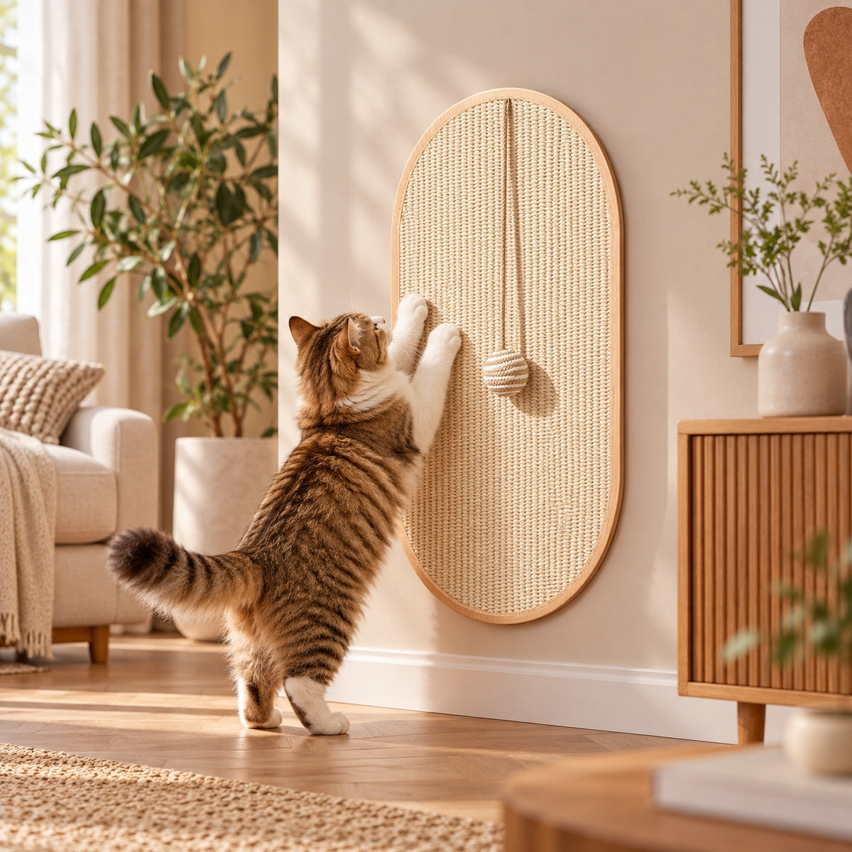 Kiva WallScratcher in een warme woonkamer met krabbende kat
