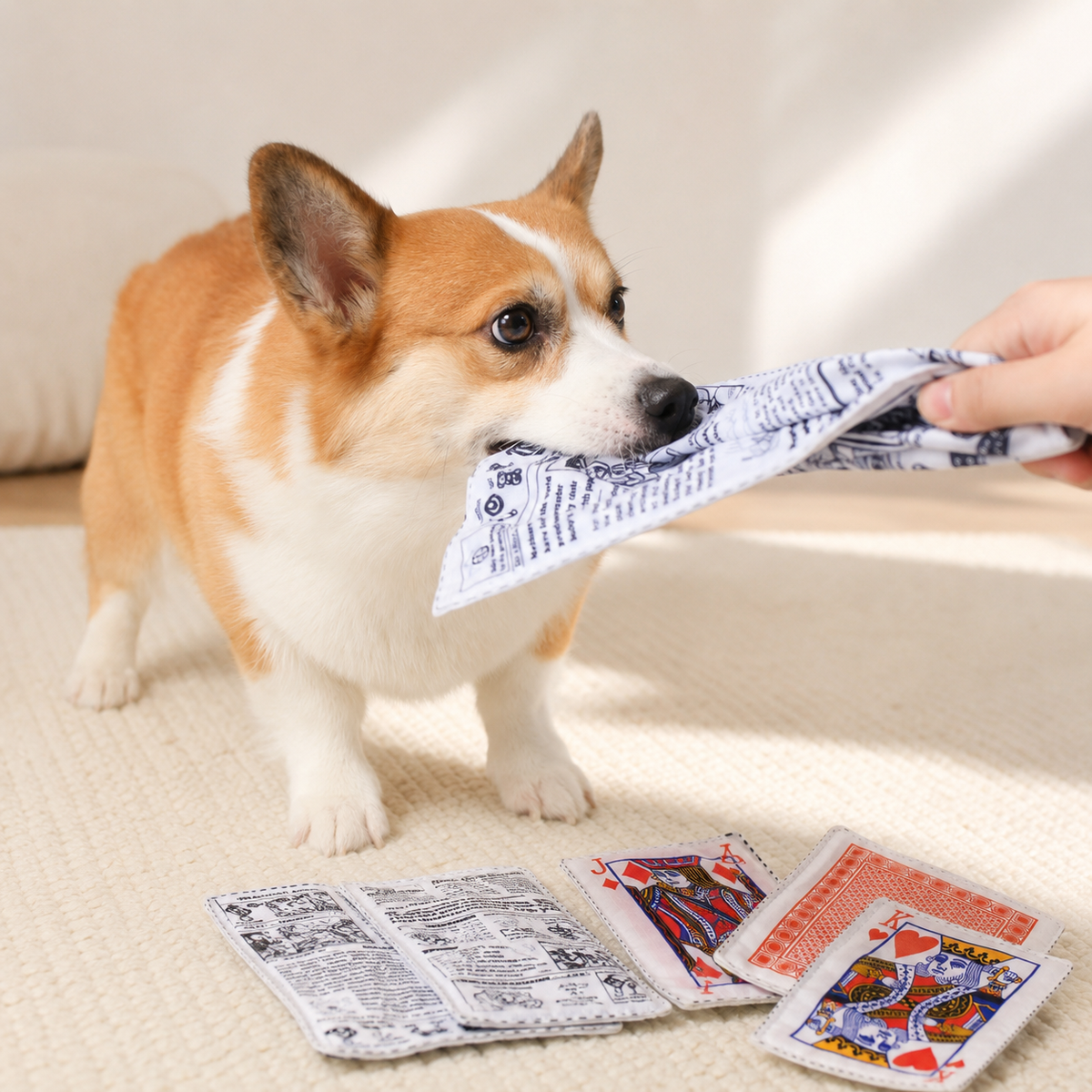 Dog playing tug with the Wandersnout Knisperkrant crinkle toy