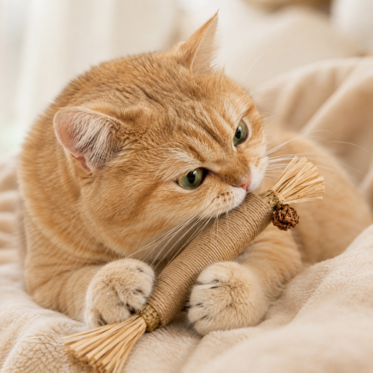 Cat biting and holding a Mika silvervine chew stick