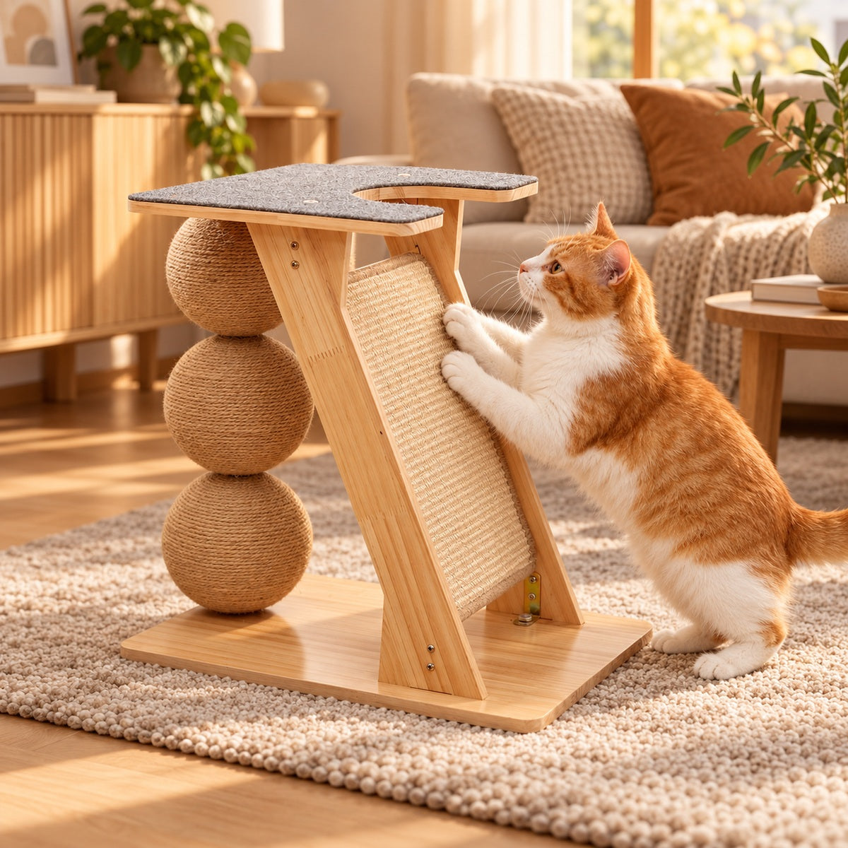 Runa ScratchClimb met kat in warme woonkamer